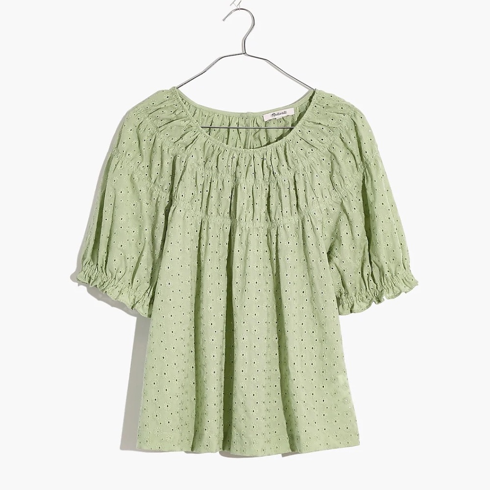 Madewell Daisy Embroidered Shirred Puff-Sleeve Top (Size S)